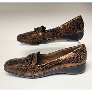 Liz Claiborne Bensen Snakeskin Leather Metallic Brown Flat Loafer Shoes 9.5M